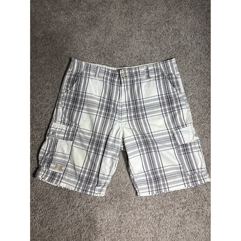 Levi Mens Plaid Cargo Shorts White Grey Blue Relaxed Fit Workwear Size 40